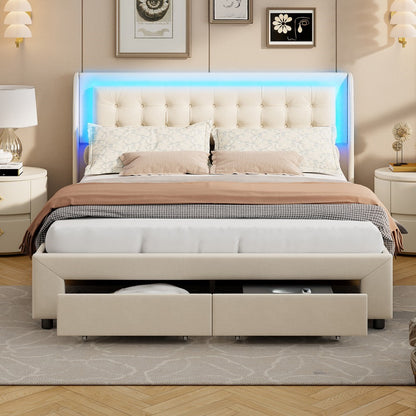 Bedframe – Tweepersoonsbed – Gestoffeerd Bed – Opbergbed – Lattenbodem – 160x200 cm – Velvet Bekleding – LED Hoofdbord met USB-aansluiting