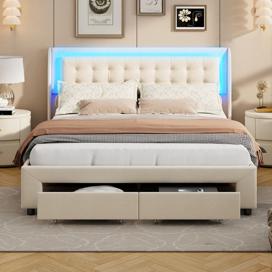 Bedframe – Tweepersoonsbed – Gestoffeerd Bed – Opbergbed – Lattenbodem – 160x200 cm – Velvet Bekleding – LED Hoofdbord met USB-aansluiting