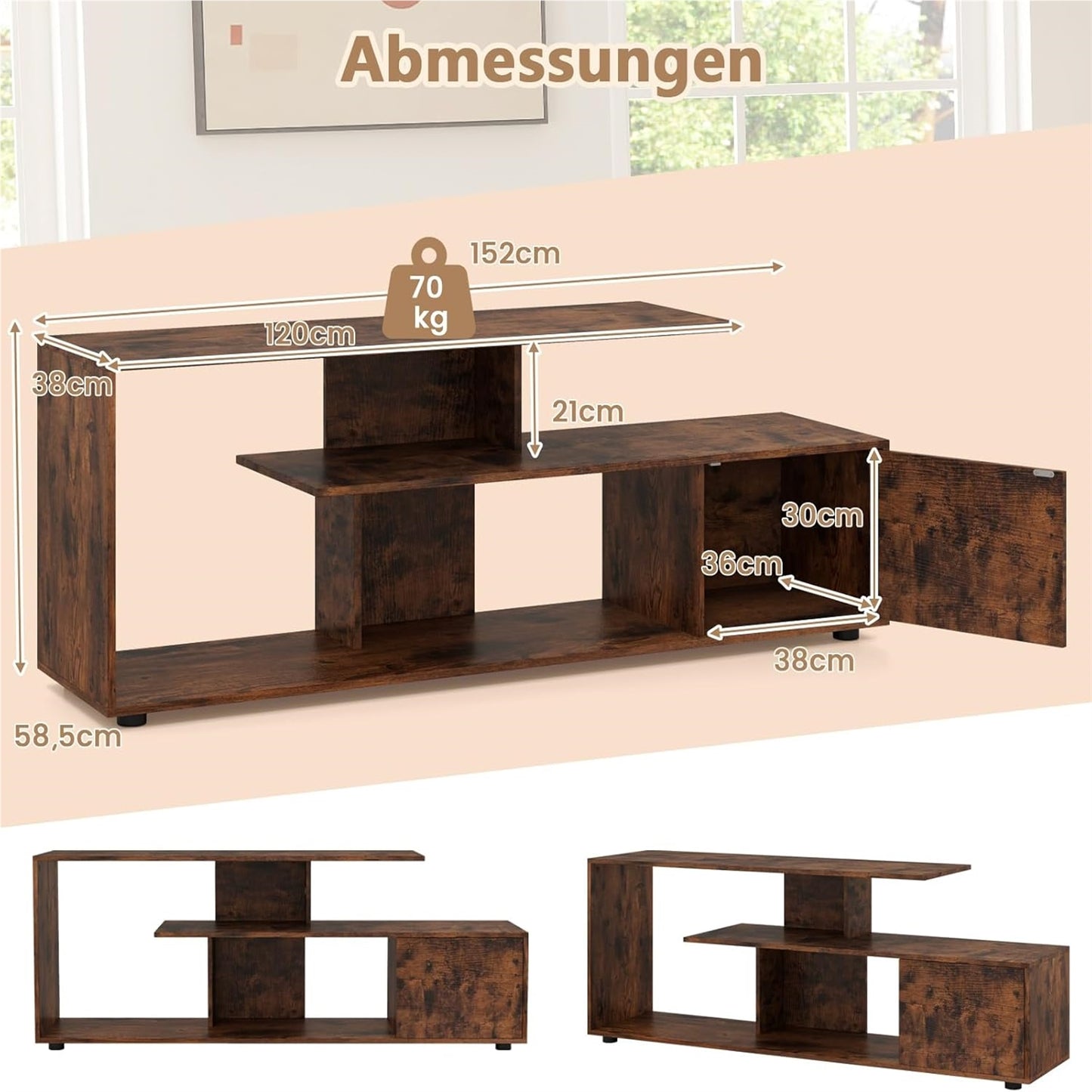 Tv-Kast – Tv-Meubel – Mediameubel – Lowboard – Tv-Stand – Voor Tv’s Tot 55 Inch – Asymmetrisch Design – Stevig Houtmateriaal