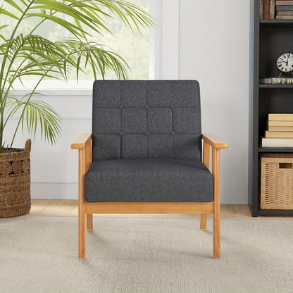 Fauteuil – Accentstoel – Leunstoel – Loungestoel – Armstoel – Mid-Century Modern Design – Ademend Linnen – Stevig Rubberhouten Frame – Grijs – Draagkracht 150 kg