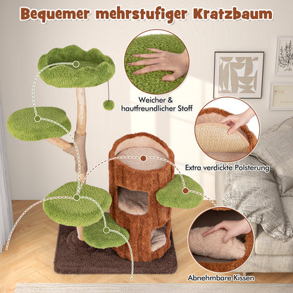 Kattenkrabpaal – Krabboom – Kattentoren – Krabmeubel – Kattenhuis – Tweelaagse Kattengrot – Stevig Houten Frame – Sisal Krabpaal Met Speelbal – Bruin Groen 80x50x141 cm