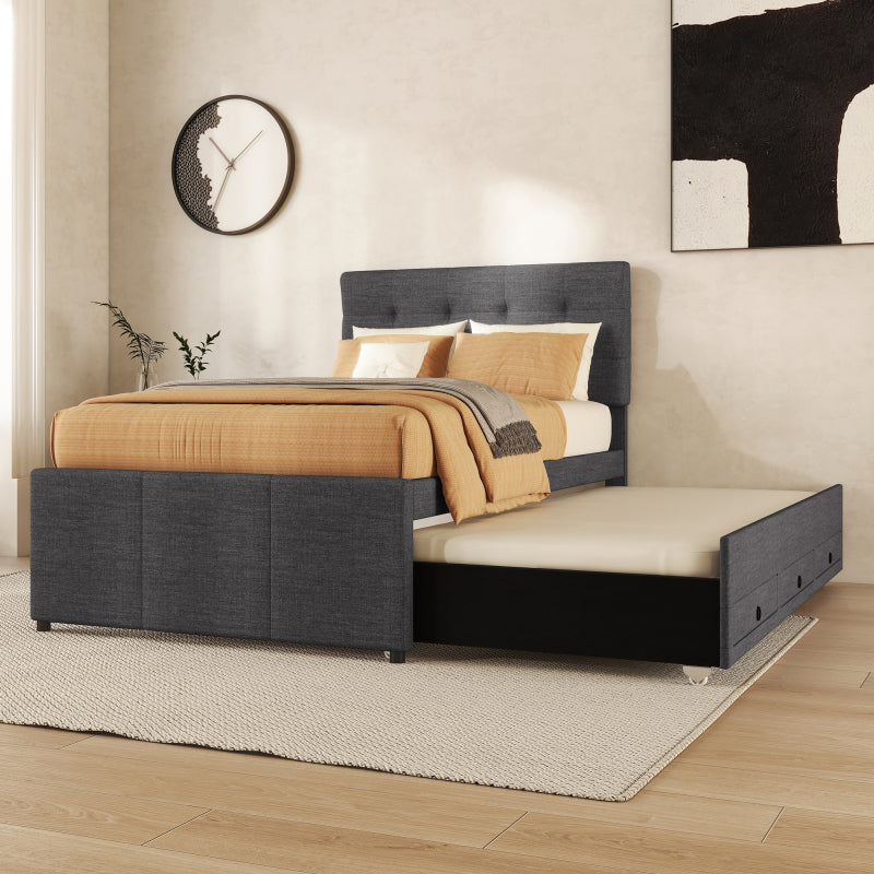 Bedframe – Eenpersoonsbed – Kinderbed – Gestoffeerd Bed – Bed met Opbergruimte – 90x200 cm – Verstelbaar Hoofdeinde – Grijs Linnen