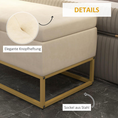 Storage Bench with Decorative Button Tufting, Flannel Look, Gold Steel Legs, 110 x 47 x 46.5 cm