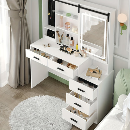 Make-up Tafel – Schminktisch – Kaptafel – Visagie Tafel – Dressing Table – Verstelbare LED-Verlichting – Grote Afneembare Spiegel – 5 Lades – Zijtafeltje – Wit