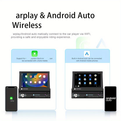 1Din Android Car Radio With Navigation Wireless Hands-Free Kit, 17.78 cm Manual Extendible Display Car Radio With Wireless Android Auto Screen Reversing Camera RDS FM Radio WiFi Miror Link + Mic [2G+64G], Without Battery