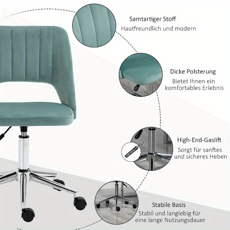 Bureaustoel – Ergonomische Stoel – Office Chair – Gamestoel – Draaistoel – Verstelbare Hoogte – 360° Draaibaar – Metalen Frame – Zonder Armleuningen – Groene Fluwelen Bekleding – Makkelijk Schoon Te Maken