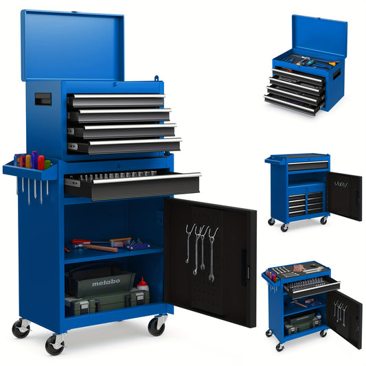 Gereedschapskast – Gereedschapskist – Werkplaatswagen – Gereedschapskar – Opbergkast – 5 Lades – Verstelbare Plank – Metalen Opberger – Wieltjes Met Rem – Blauw