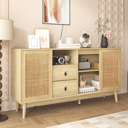 Bamboekast – Opbergkast – Ladekast – Kast – Boekenkast – Vloerstaande Kast – 3 Schuifdeuren – 2 Lades – Duurzaam Bamboe – Ruime Opbergruimte 155x38x80 cm