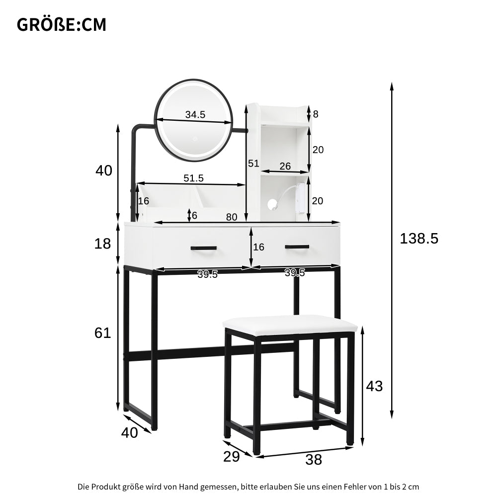 Make-up Tafel – Kaptafel – Schminktisch – Make-up Bureau – Vanity Set – Compact Formaat – Verstelbare Kruk Met Draaifunctie – Zwart Metalen Poten – 2 Lades & 2 Open Vakken – Kantelbare Spiegel – 80x138,5x40 cm