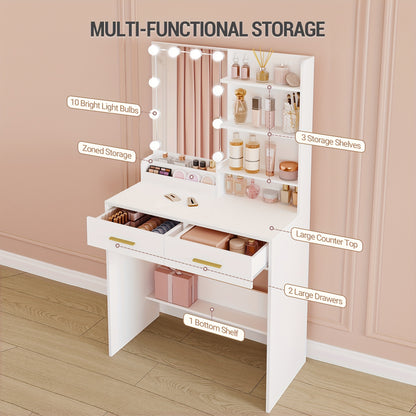 Dressing Table With Mirror And 10 LED Lights, Dressing Table With 3 Shelves & 4 Open Compartments, Dressing Table With Large Drawer & Cabinet, 3 Adjustable Lighting Brightness, White