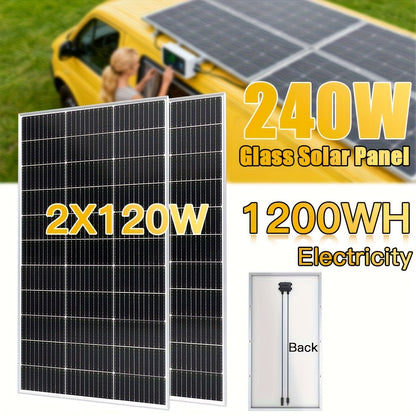 Zonnepanelen Set – Solar Panel – Zonnepaneel – Photovoltaïsch Paneel – Zonne-energielamp – 2x120W 240W Totaal – Monokristallijn – Hoge Efficiëntie – Glasbescherming – MC4 Connectoren – 21,5V Voor 12V/24V Systemen