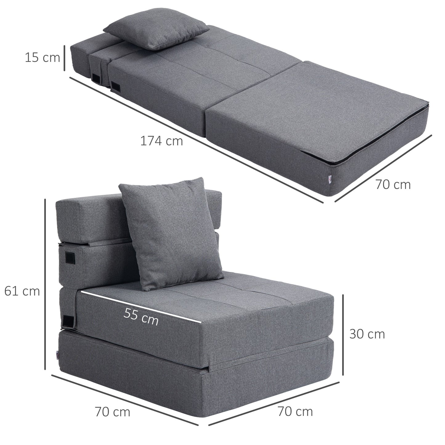 Sofa Bed – Slaapbank – Bedbank – Slaapstoel – Convertible Fauteuil – Grijs Stof – Removable Kussen – Comfortabel & Praktisch