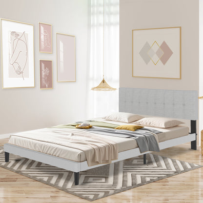 Gestoffeerd Bed – Linnen Bed – Bedframe – Slaapbed – Bed Met Hoofdbord – Lichtgrijs Linnen Bekleding – Stevige Houten Constructie – Stil En Comfortabel