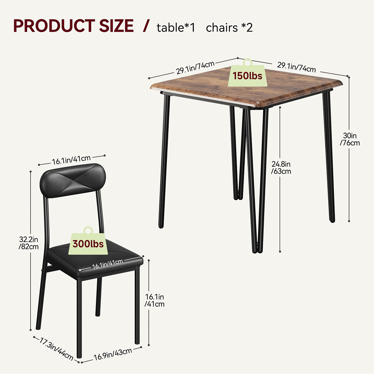 3pcs Compact Dining Table Set for 2 with Upholstered Chairs - Space-Saving Square Kitchen Table & Chairs Suitable for Small Spaces, Apartment, Studio - Modern Metal Furniture (Easy Assembly)