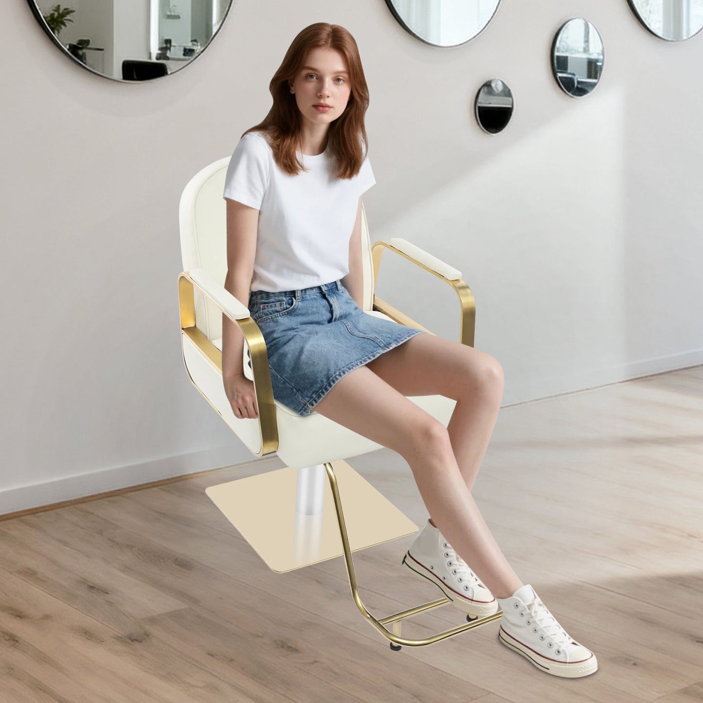 Hair Salon Chair | Height Adjustable, 360° Swivel, Golden Stainless Steel Square Base and Round Tube Footrest - Beige, NaMaSyo Brand