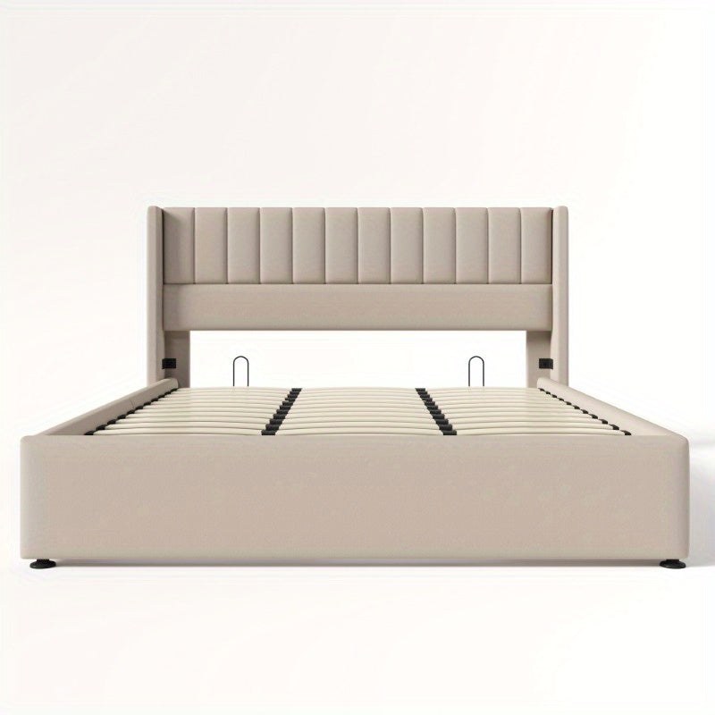 Opbergbed – Opbergbed Met Hydraulische Lift – Bed Met Opbergruimte – Gestoffeerd Bed – Slaapbed – 180x200 cm – Stevig Metalen Frame – Beige Linnen Bekleding