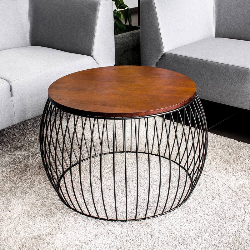 Salontafel – Koffietafel – Bijzettafel – Salon Tafel – Woonkamer Tafel – Ronde Vorm – Houtblad Chocoladebruin – Mat Zwart Metaal – Opbergruimte – Diameter 60 cm
