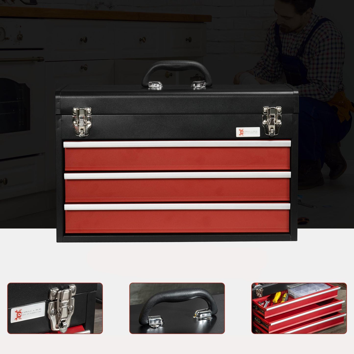 Gereedschapskist – Gereedschapskoffer – Toolbox – Opbergkist – Gereedschapsbox – 3 Laden Met Slot – Stalen Zwarte Kast Met Rood