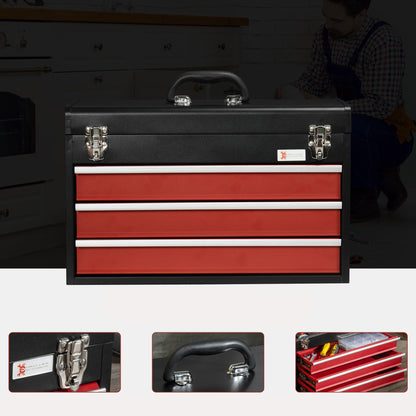 Gereedschapskist – Gereedschapskoffer – Toolbox – Opbergkist – Gereedschapsbox – 3 Laden Met Slot – Stalen Zwarte Kast Met Rood