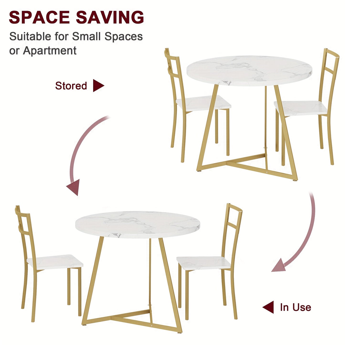 Eettafelset – Eettafel – Eetkamerset – Keukentafel – Zitgroep – Ronde Tafel 80 cm – 2 Gestoffeerde Stoelen – Gouden Metalen Frame – Wit MDF Tafelblad – Compact & Ruimtebesparend – Duurzaam Hout-Metaal