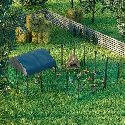 Kippenren – Kippenhok – Buitenren – Pluimveestal – Dierenren – 10 m² – Stevig Nylon Net – Waterdichte UV-bestendige Overkapping