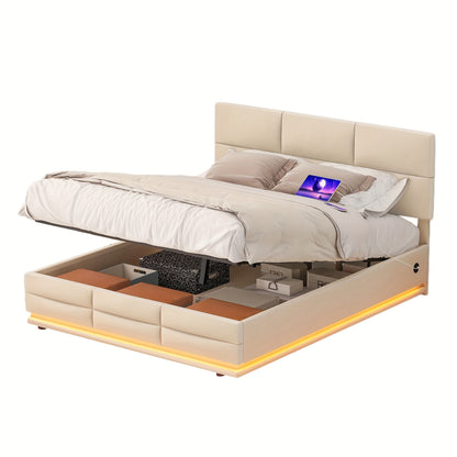 Bedframe – Bed – Bedbodem – Platformbed – Opbergbed – Beige – 140x200 cm – Hydraulisch Systeem – Zachte Huidvriendelijke Stof