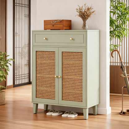 Opbergkast – Opbergmeubel – Kast – Schoenenkast – Dressoir – Mintgroen – Rattan Deuren – Verstelbare Planken – Lade – MDF Hout – Vloerstaand – Modern Design