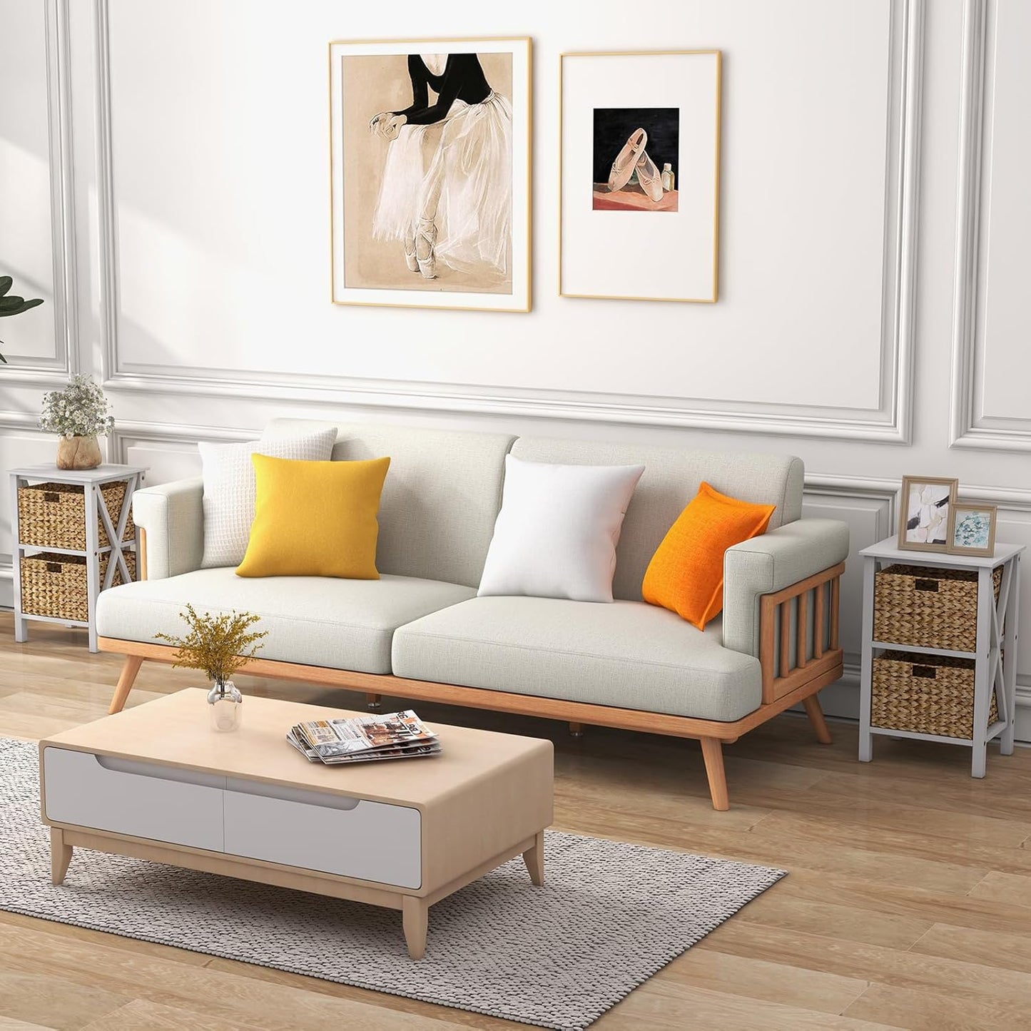 Nachtkastje – Bijzettafel – Opbergkastje – Slaapkamerkastje – Mandenkastje – Set van 2 – Smal X-Design – MDF Met Rotan Manden – 3 Niveaus – Wit