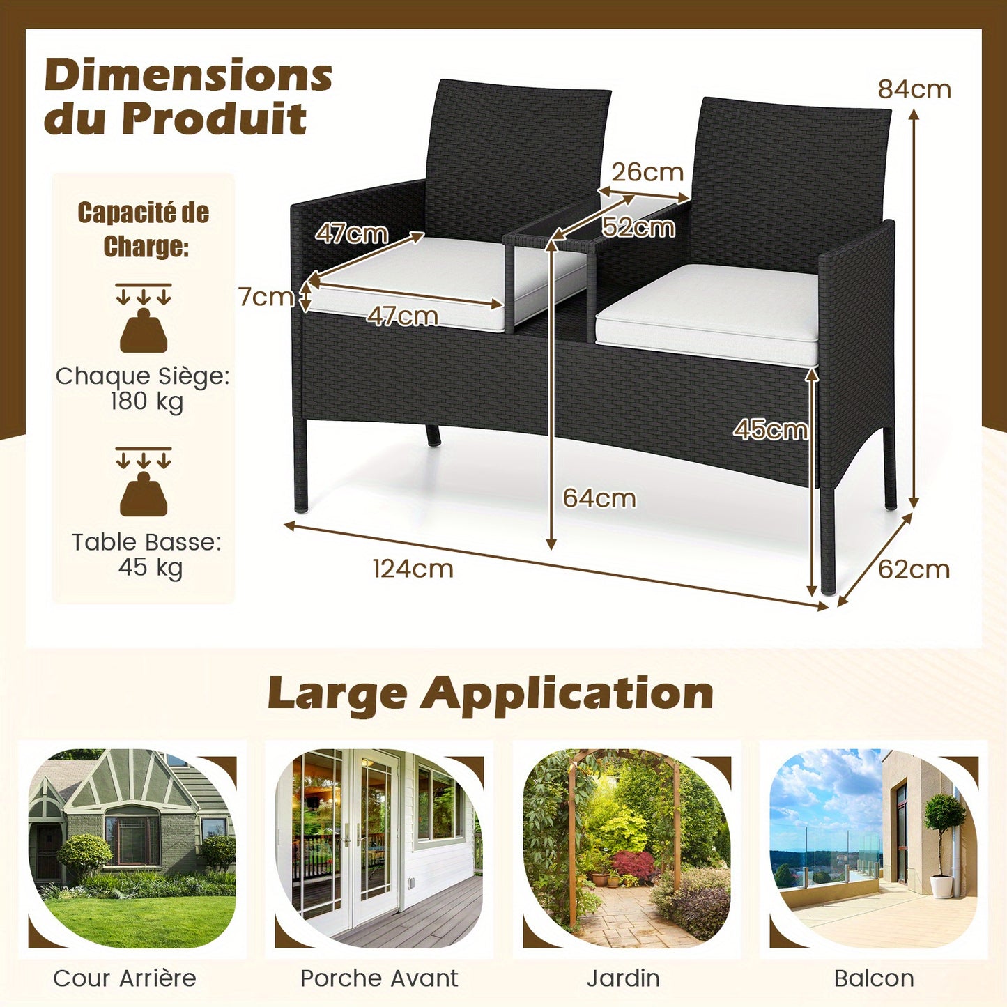Buitentuin Loveseat – Tuinbank – Patio Sofa – Balkonbank – Tweezitsbank – Weerbestendig PE Rattan – Met Tempered Glas Tafel
