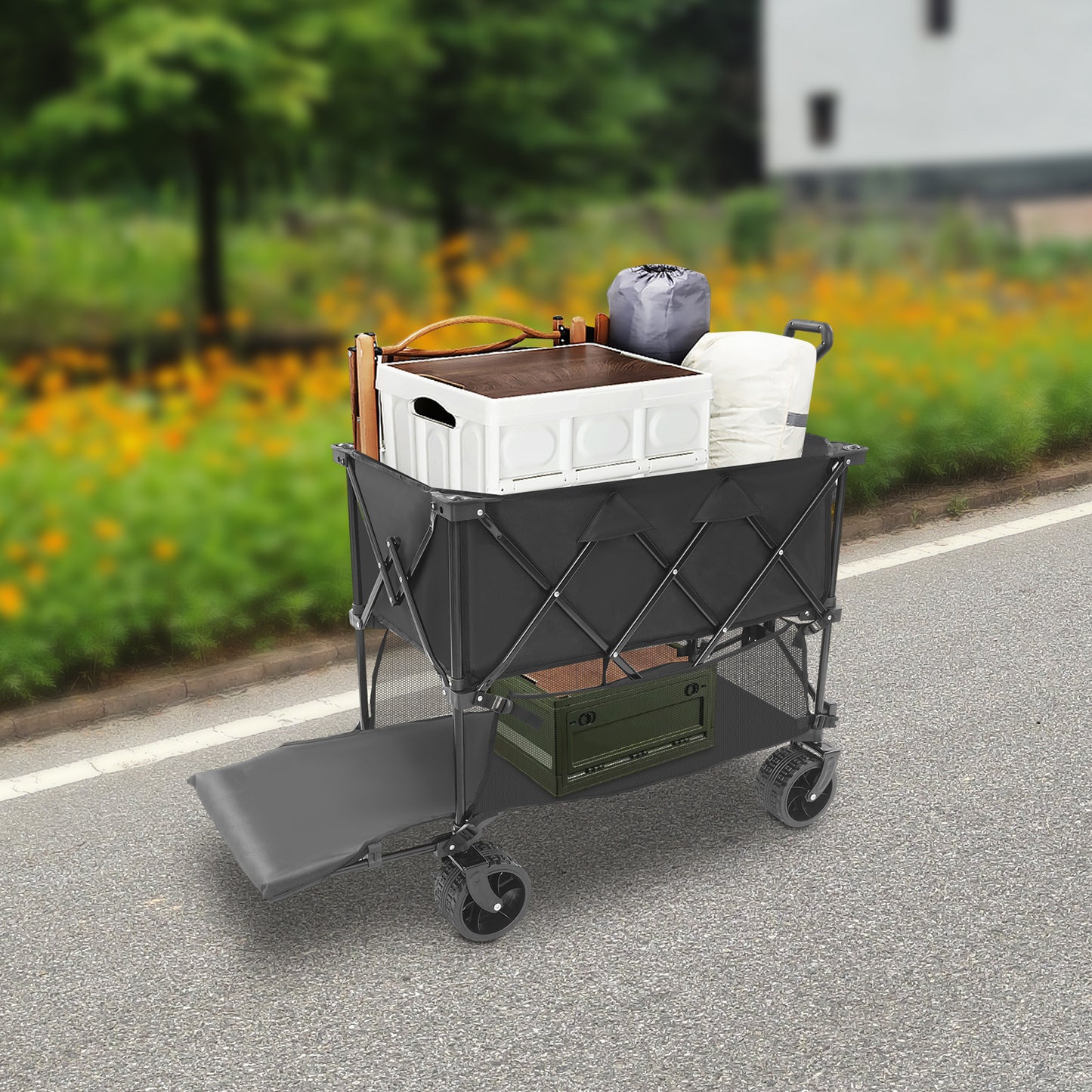 Campingkar – Bolderkar – Strandkar – Picknickkar – Tuinkar – Inklapbaar – Dubbel Laag Laadvlak – Draagvermogen 150 kg – Metalen Frame – Zwart