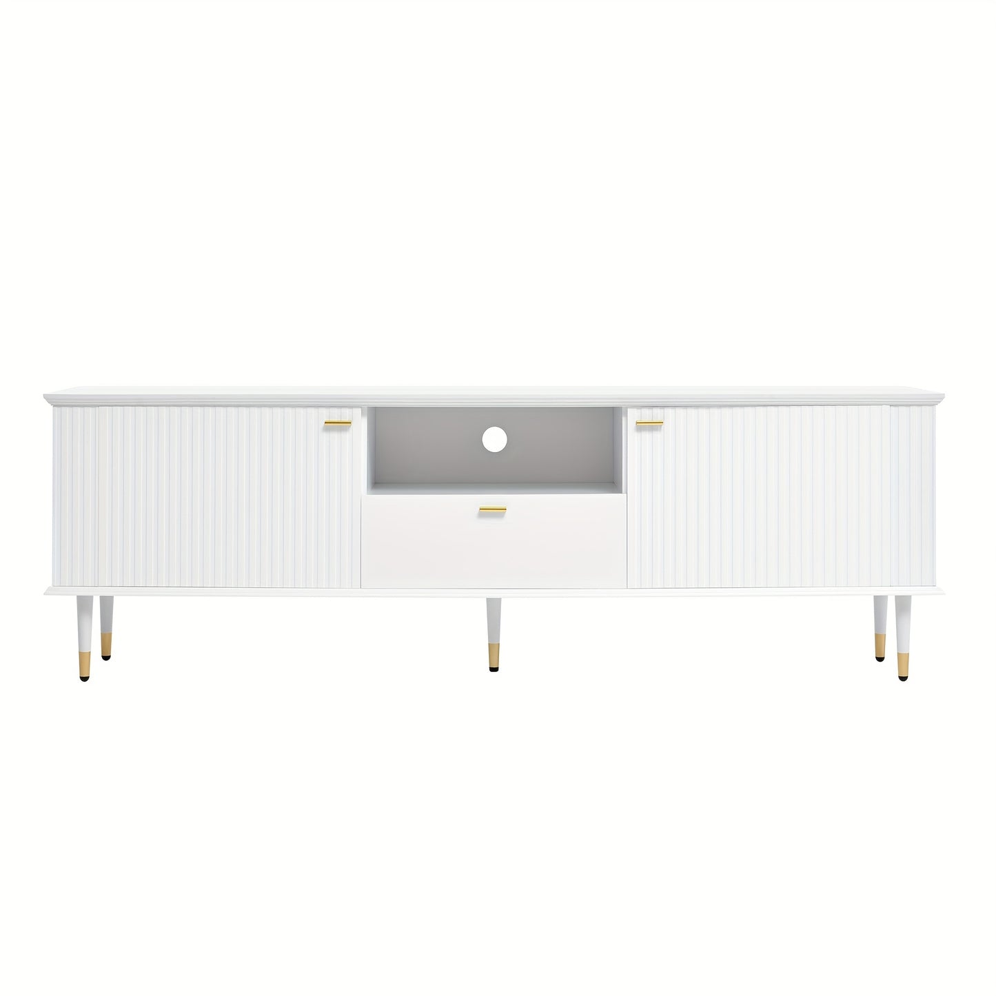 Modern White & Golden Metal TV Stand with Open Shelves & Drawers - Heavy-Duty Lacquered Textured Cabinet, Cushioned Hinges, Minimalist Media Console for Flat-Screen TVs, Easy Assembly (No Wood)