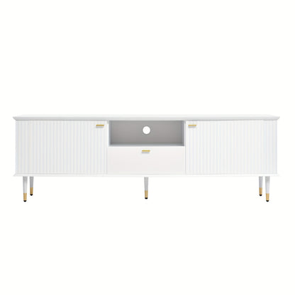 Modern White & Golden Metal TV Stand with Open Shelves & Drawers - Heavy-Duty Lacquered Textured Cabinet, Cushioned Hinges, Minimalist Media Console for Flat-Screen TVs, Easy Assembly (No Wood)