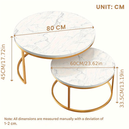 Ronde Salontafel Set – Bijzettafel – Nesting Tafel – Nachtkastje – Kleine Tafel – Nesting Design – Kunstmarmer Blad – Stevig Metalen Frame – Space-Saving – Eenvoudig Te Monteren – Variant Bruin