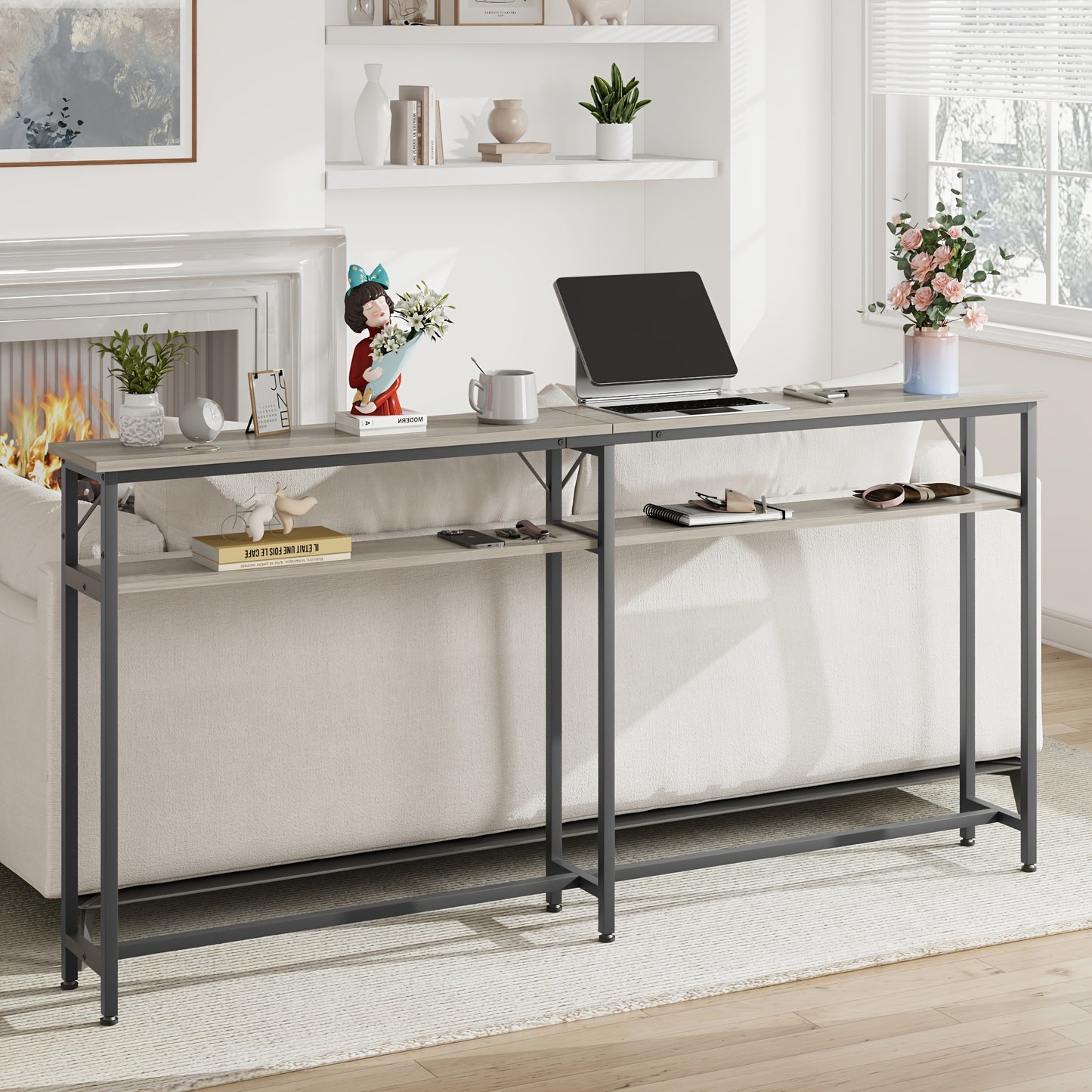 Sidetable – Consoletafel – Wandtafel – Haltafel – Bijzettafel – Industrieel Design – Extra Lang 180 cm – Met Metaal Frame & MDF Planken