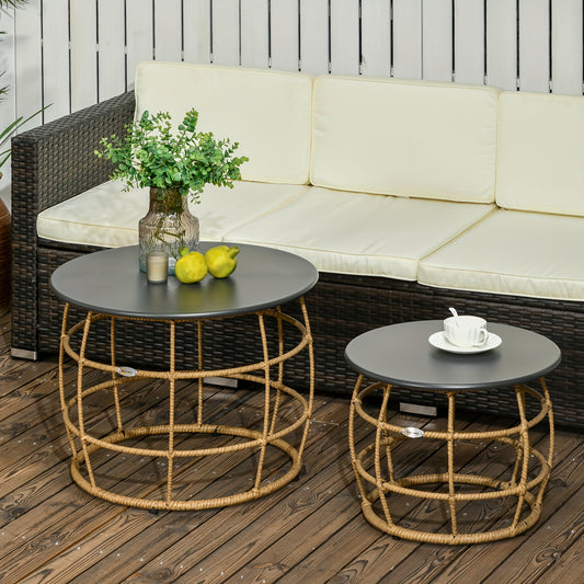Bijzettafel – Sidetable – Salontafel – Buiten tafel – Banktafel – Handgevlochten – Stevig metalen frame – Set van 2 – Weerbestendig – Compact design
