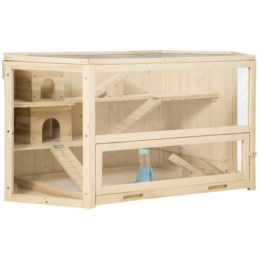 Small Animal Cage, Rodent Cage, Rodent Home with 1 Ramp, 1 Seesaw, Removable Bottom Tray, Made of Fir Wood, Natural, Hamster Cage, Rat Cage, Large Hamster Cage, Guinea Pig Cage, Chinchilla Cage, Bunny Cage, Ferret Cage, Gerbi