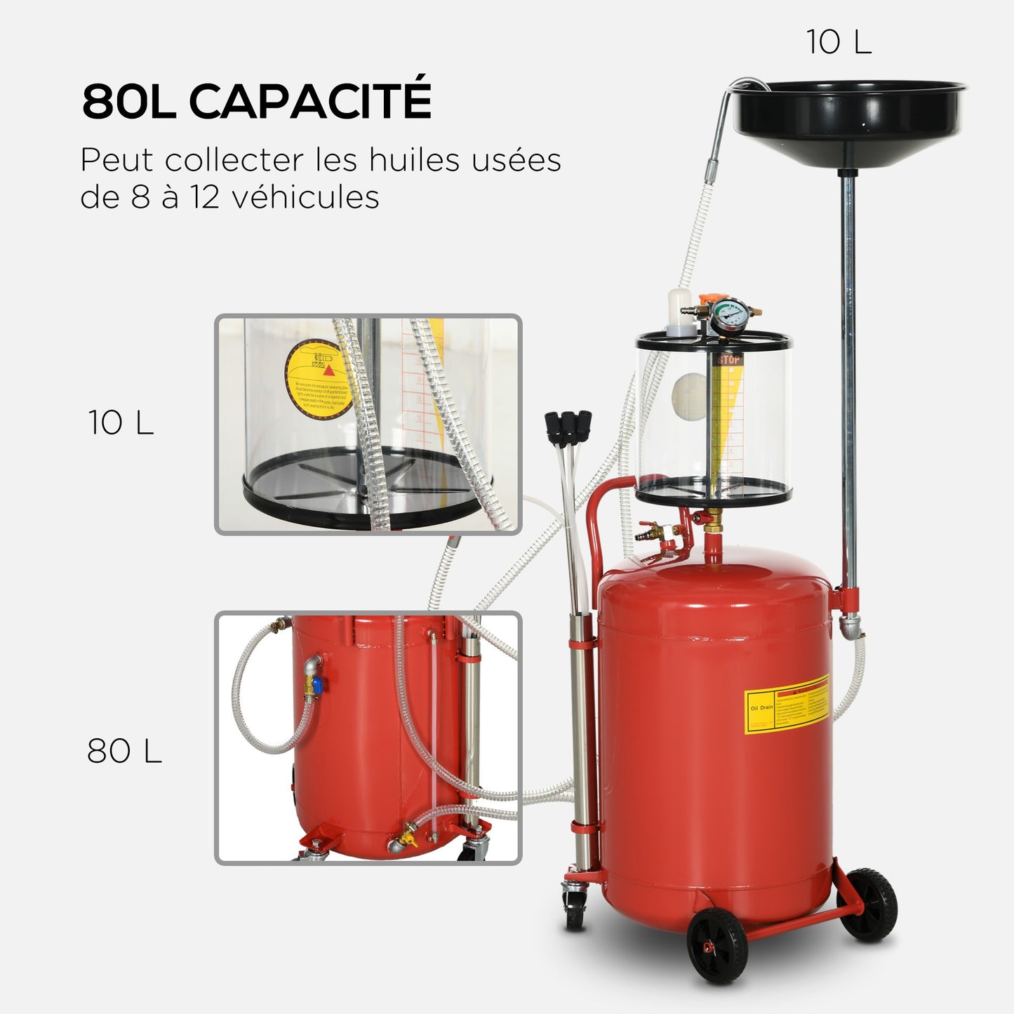 Olieafvoer – Olieopvangbak – Olieopvang – Olieopvangset – Olieafzuiger – 80 Liter Capaciteit – Verstelbare Trechterhoogte 120-140 cm – Pneumatisch & Handmatig – Mobiel Met Wieltjes – Rood