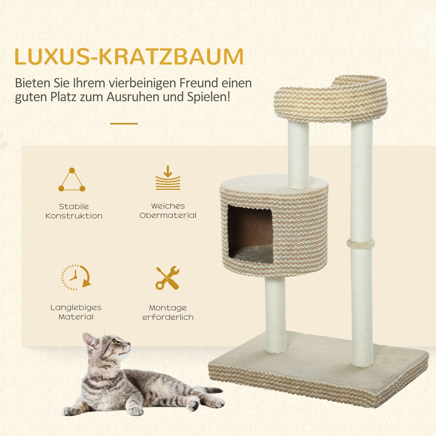 Kattenboom – Krabpaal – Klimboom – Kattenmeubel – Kattenhuis – Beige en Coffee – Natuurlijke Jute Krabpalen – Stevige E1 Spaanplaat 61x41x96 cm