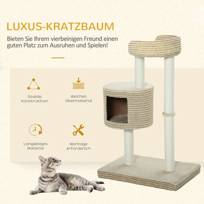 Kattenboom – Krabpaal – Klimboom – Kattenmeubel – Kattenhuis – Beige en Coffee – Natuurlijke Jute Krabpalen – Stevige E1 Spaanplaat 61x41x96 cm