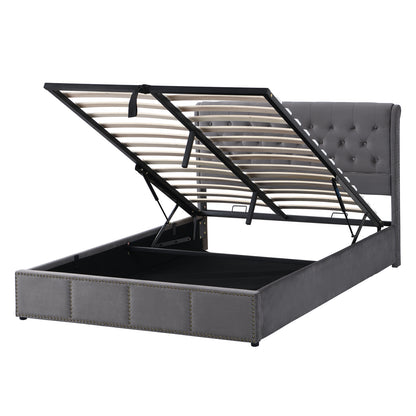 Boxspringbed – Opbergbed – Tweepersoonsbed – Slaapkamerbed – Hydraulisch Bed – Met Opbergruimte – Grijze Fluwelen Bekleding – Met Metalen Lattenbodem