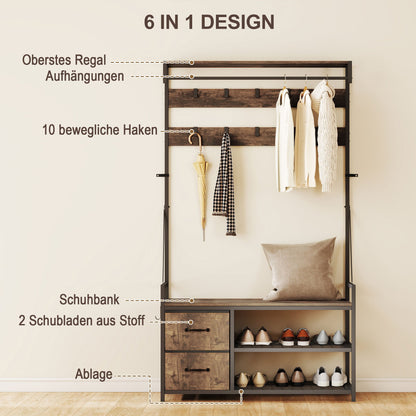 6-in-1 Coat Rack with Shoe Shelf, Industrial Style, 10 Hooks, 2 Fabric Drawers, Metal, Brown