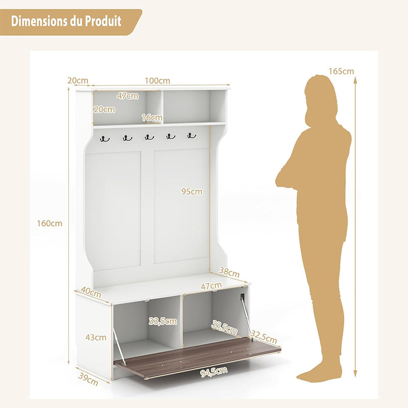 Kapstok – Garderoberek – Staande Kapstok – Opbergbank – Halmeubel – 5 Dubbele Haken – Compact 100x40x160 cm – Hoogwaardig Spaanplaat