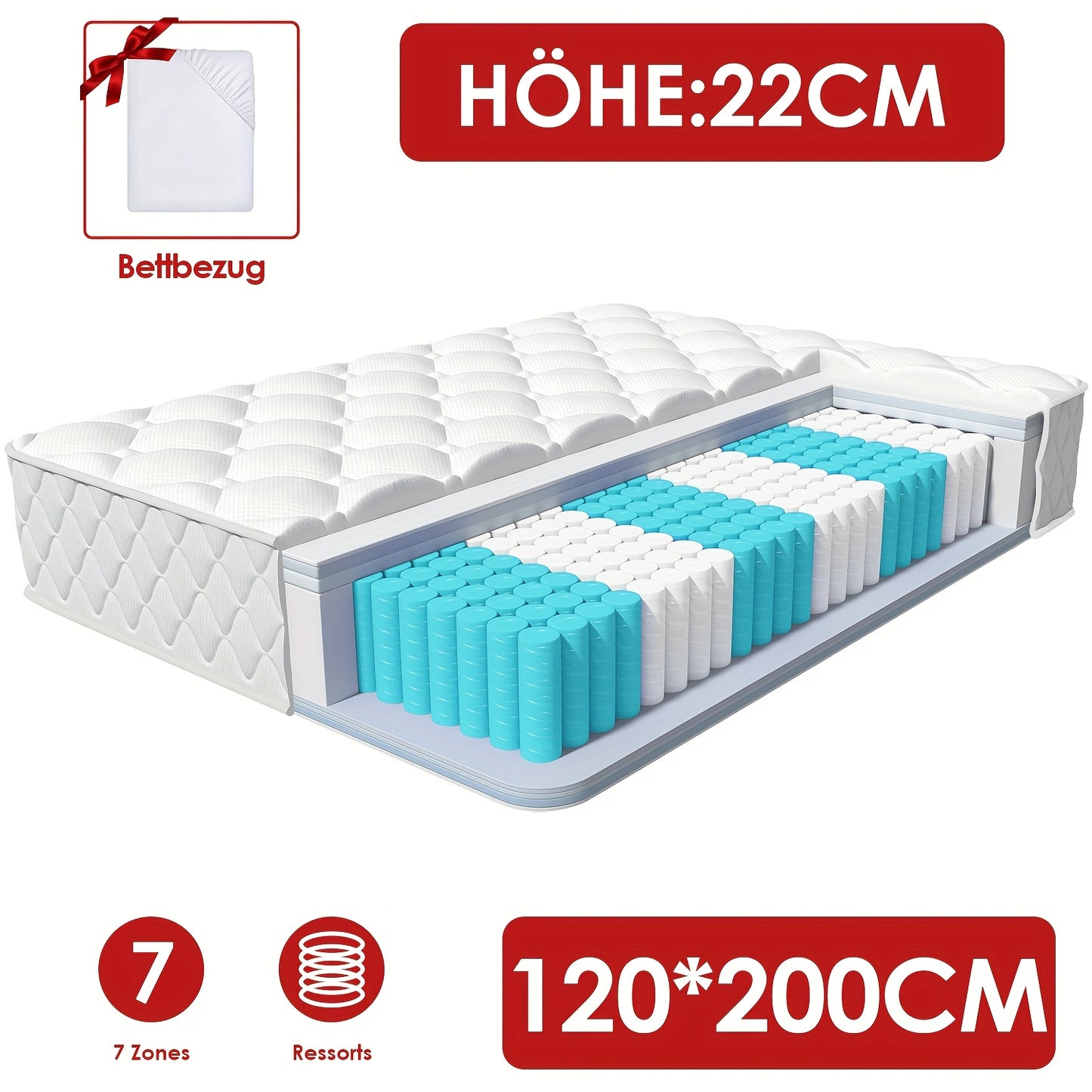Gronfont Mattress 140x200/90x200 Cm, Premium Pocket Spring Mattress, Ergonomic 7-zone Mattress, Height 22cm, Firmness Grade H3, Spring Mattress With Fitted Sheet, Mattress For Adults