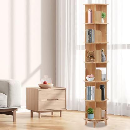Boekenplank – Boekenrek – Boekenkast – Rotatieplank – Opbergmeubel – 6 Laags – 360° Draaibaar – Gemaakt Van Dennen- En Beukenhout – Compact Design 45 cm Diameter