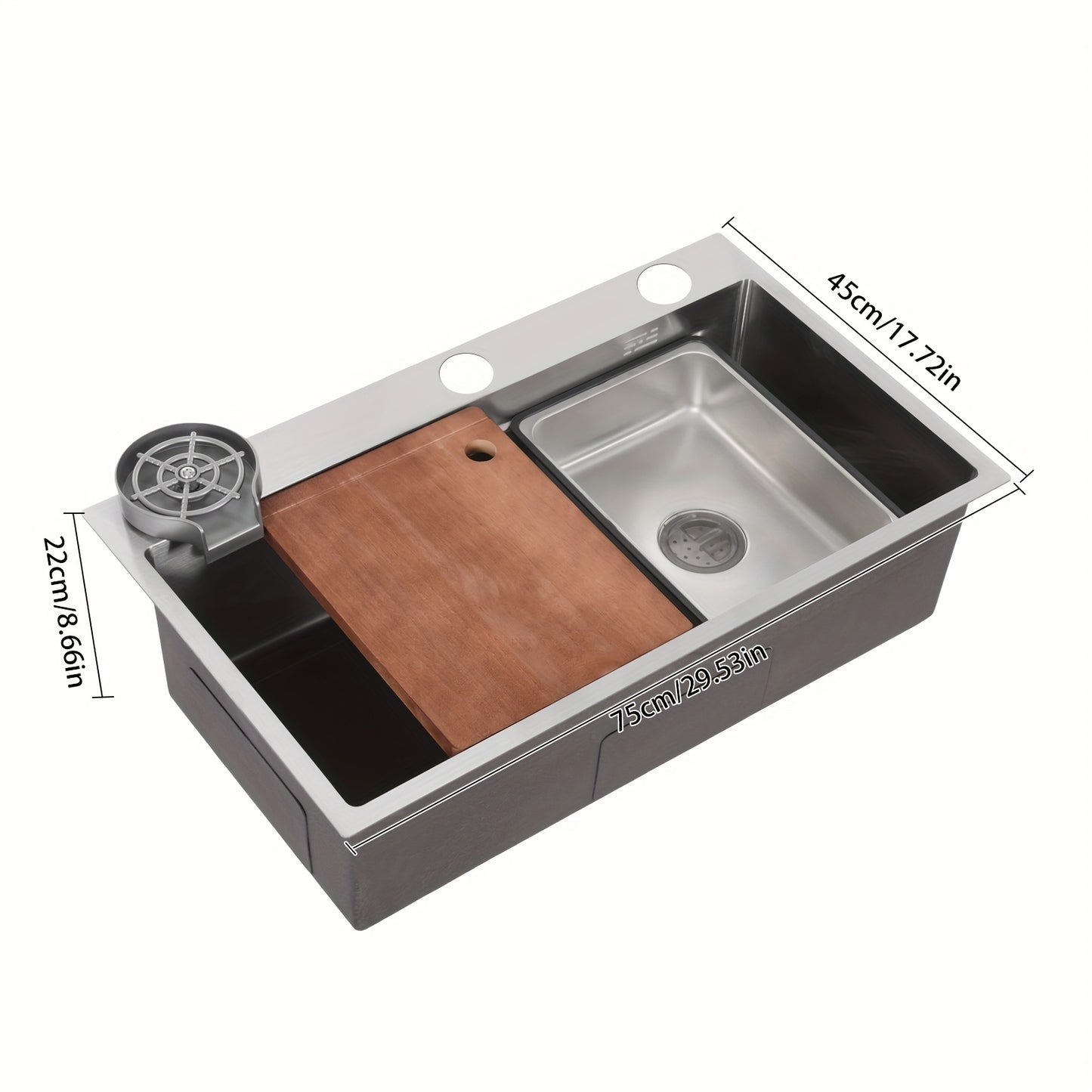 Spoelbak – Keukenspoelbak – RVS Wasbak – Inbouw Spoelbak – Multifunctionele Spoelbak – 304 RVS Met Nano-Coating – Inclusief Houten Snijplank & Afwateringsmand – 75x45x22 cm Silver