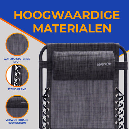 Loungestoel – Fauteuil – Relaxstoel – Tuinstoel – Verstelbare Stoel – Set van 2 – Weerbestendig Staal – Inclusief Bijzettafel met Bekerhouders