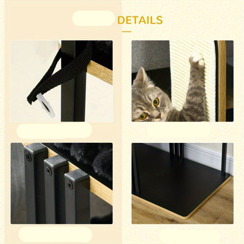 Krabpaal – Kattenboom – Kattenmeubel – Krabmeubel – Kattenhuis – Zwart Staal – 128 cm Hoog – Pluche Kussen – Dubbele Platformen – Inclusief Hangend Speeltje