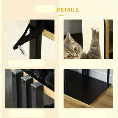 Krabpaal – Kattenboom – Kattenmeubel – Krabmeubel – Kattenhuis – Zwart Staal – 128 cm Hoog – Pluche Kussen – Dubbele Platformen – Inclusief Hangend Speeltje