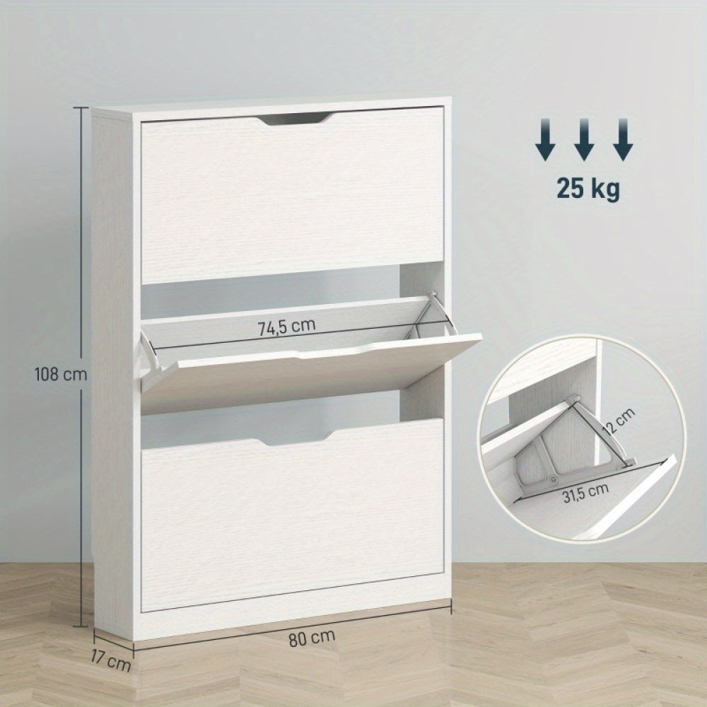 Schoenenkast – Schoenenrek – Schoenkast – Schoenenopberger – Opbergkast – Smal Design – 3 Deuren Met Schoenhelling – Ruimtebesparend 80x17x108 cm – Wit Gerecycled Hout