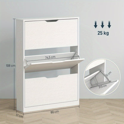 Schoenenkast – Schoenenrek – Schoenkast – Schoenenopberger – Opbergkast – Smal Design – 3 Deuren Met Schoenhelling – Ruimtebesparend 80x17x108 cm – Wit Gerecycled Hout